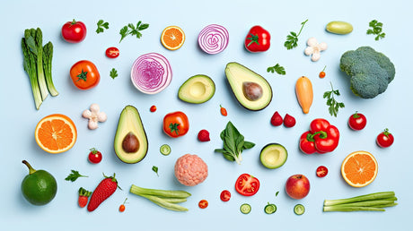Healthy food with fresh vegetables and fruits.